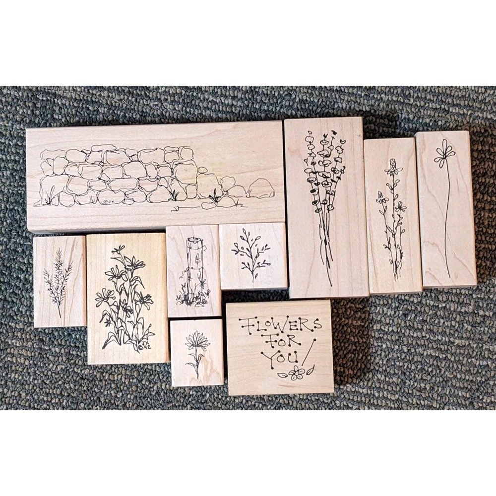 10 PC Lot Of Stamps By Judith Rubber Stamp Flowers, Stone Wall, Plants, Stump